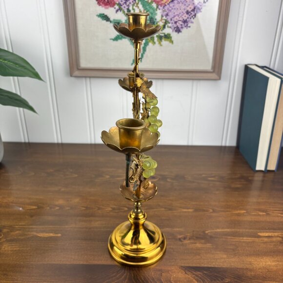 Vintage Brass Grapevine Candelabra Hollywood Regency 3 Taper Candle Holder - Picture 5 of 13